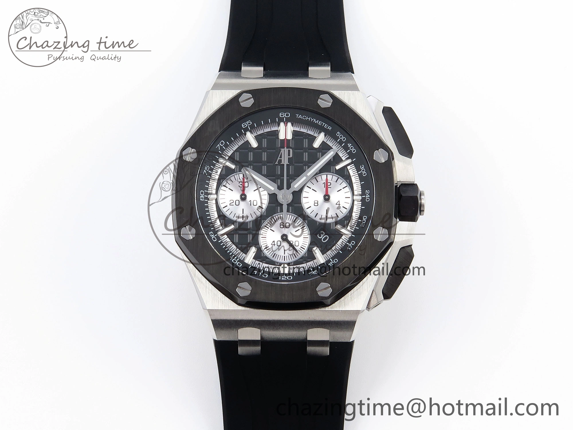 Royal Oak Offshore 44mm SS Black Ceramic Bezel APF 1:1 Best Edition Black Silver Dial on Black Rubber Strap A ZipUp 4547