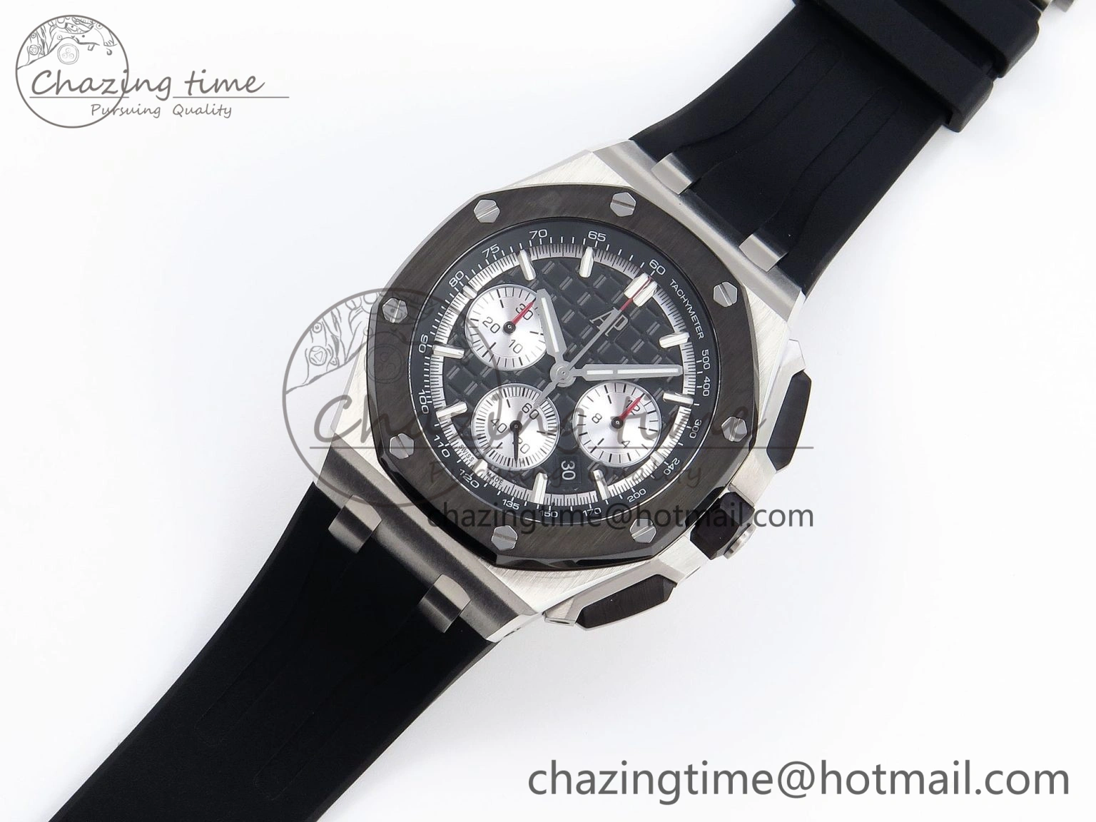 Royal Oak Offshore 44mm SS Black Ceramic Bezel APF 1:1 Best Edition Black Silver Dial on Black Rubber Strap A ZipUp 4547