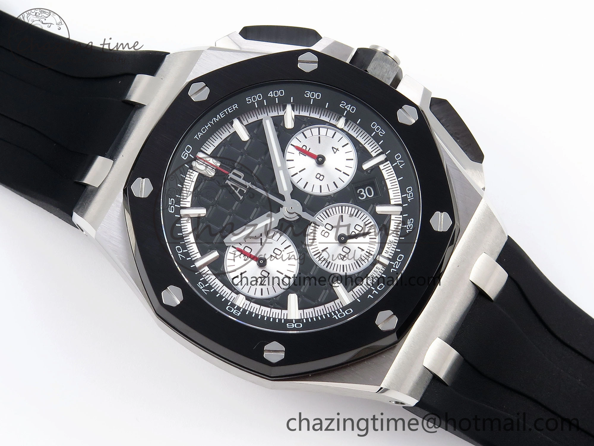 Royal Oak Offshore 44mm SS Black Ceramic Bezel APF 1:1 Best Edition Black Silver Dial on Black Rubber Strap A ZipUp 4547