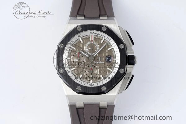 NewStyle Royal Oak Offshore 44mm SS Black Ceramic Bezel APF 1:1 Best Edition Gray Dial on Gray Rubber Strap A 4703