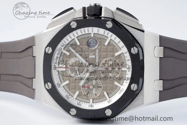NewStyle Royal Oak Offshore 44mm SS Black Ceramic Bezel APF 1:1 Best Edition Gray Dial on Gray Rubber Strap A 4703