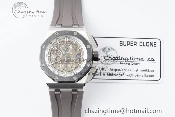 NewStyle Royal Oak Offshore 44mm SS Black Ceramic Bezel APF 1:1 Best Edition Gray Dial on Gray Rubber Strap A 4703