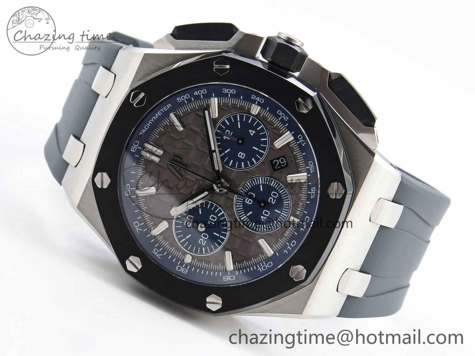 Vibrant Royal Oak Offshore 44mm SS Black Ceramic Bezel APF 1:1 Best Edition Gray Blue Dial on Gray Rubber Strap A 4544