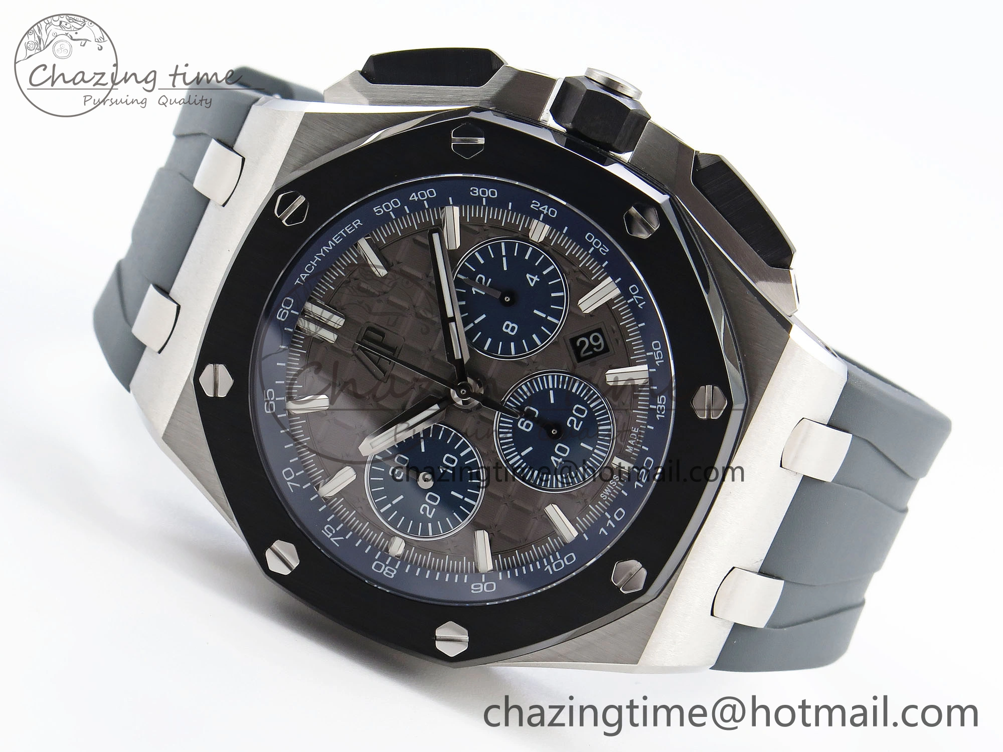 Vibrant Royal Oak Offshore 44mm SS Black Ceramic Bezel APF 1:1 Best Edition Gray Blue Dial on Gray Rubber Strap A 4544