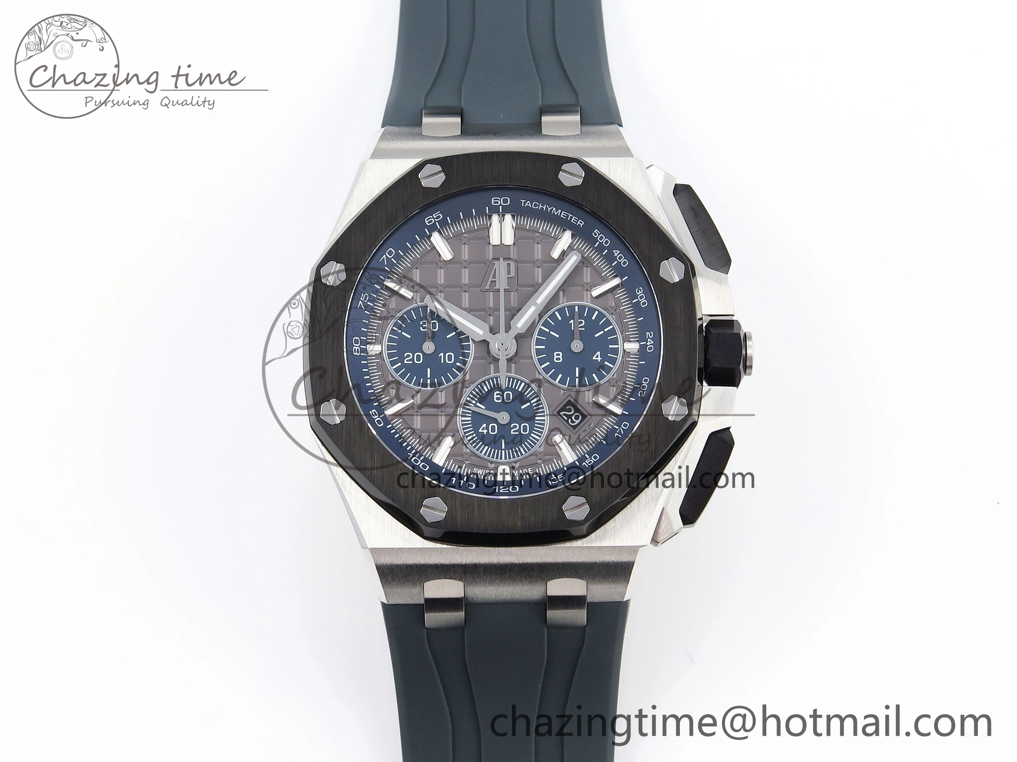 Vibrant Royal Oak Offshore 44mm SS Black Ceramic Bezel APF 1:1 Best Edition Gray Blue Dial on Gray Rubber Strap A 4544