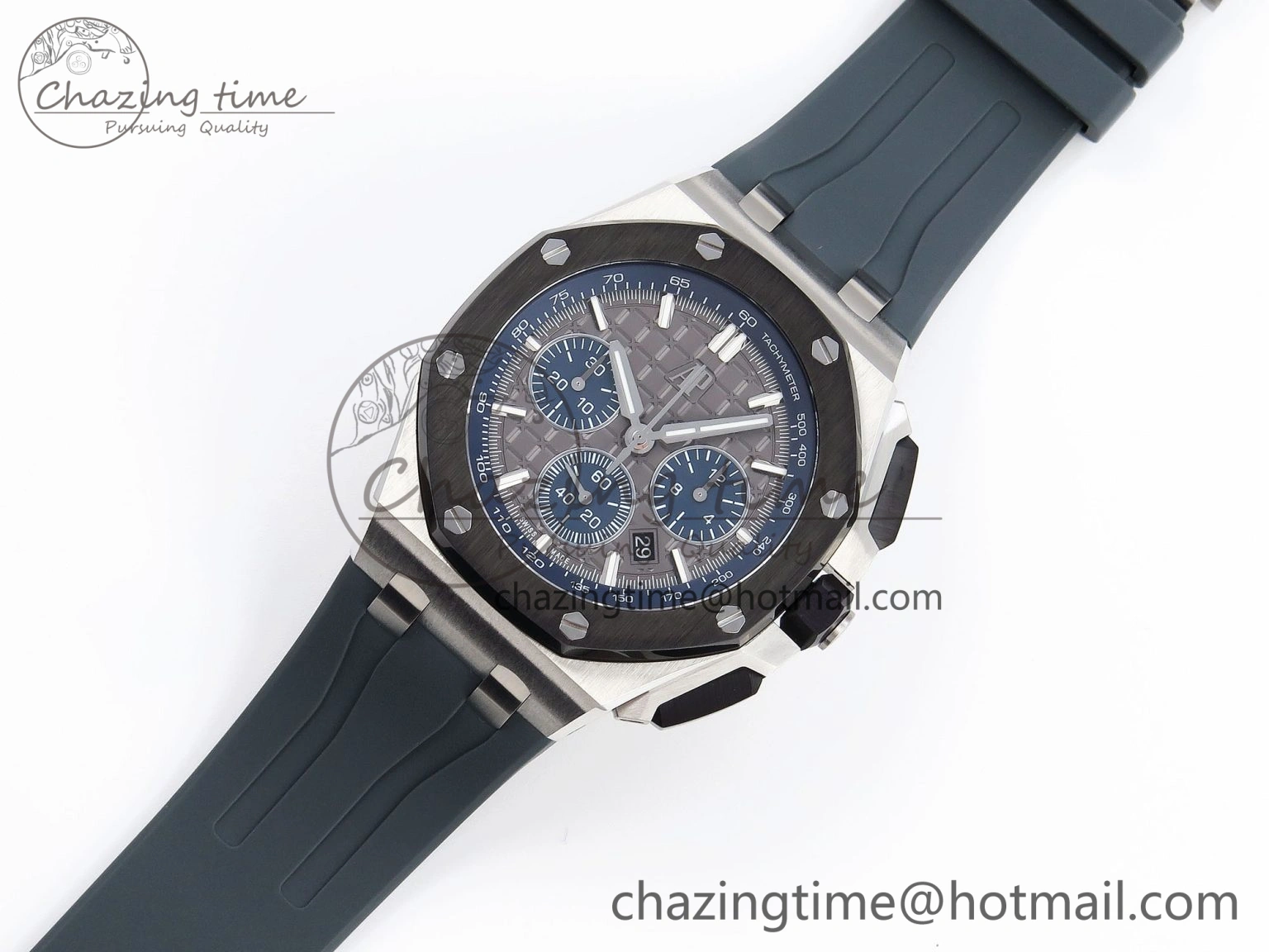 Vibrant Royal Oak Offshore 44mm SS Black Ceramic Bezel APF 1:1 Best Edition Gray Blue Dial on Gray Rubber Strap A 4544