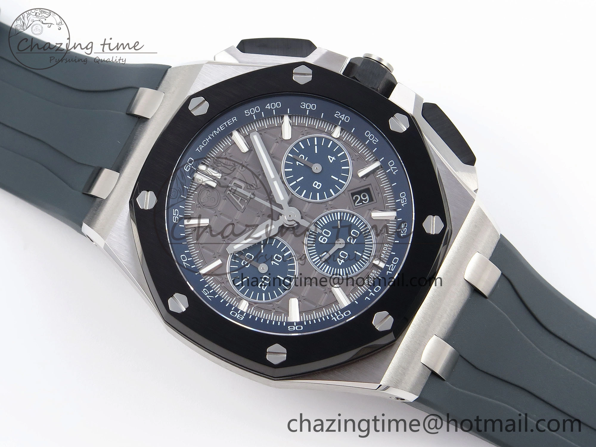 Vibrant Royal Oak Offshore 44mm SS Black Ceramic Bezel APF 1:1 Best Edition Gray Blue Dial on Gray Rubber Strap A 4544