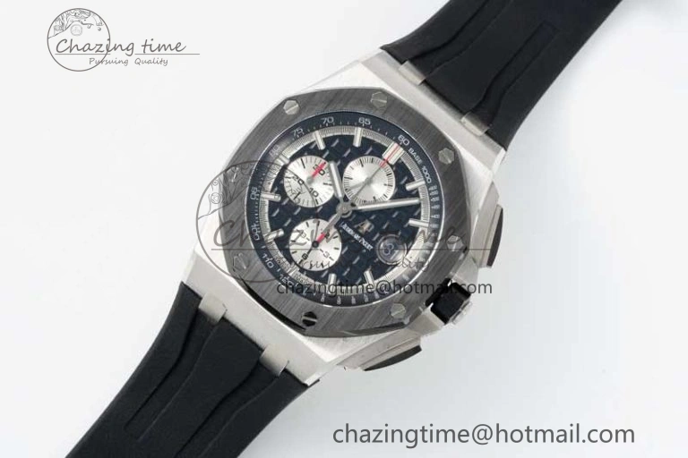 SmoothTexture Royal Oak Offshore 44mm SS Black Ceramic Bezel BVF Best Edition Black Silver Dial on Rubber Strap A 4751