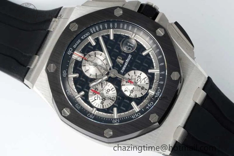 SmoothTexture Royal Oak Offshore 44mm SS Black Ceramic Bezel BVF Best Edition Black Silver Dial on Rubber Strap A 4751