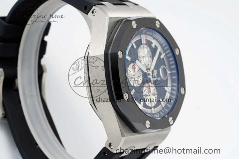 SmoothTexture Royal Oak Offshore 44mm SS Black Ceramic Bezel BVF Best Edition Black Silver Dial on Rubber Strap A 4751