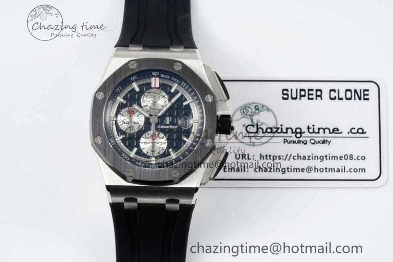 SmoothTexture Royal Oak Offshore 44mm SS Black Ceramic Bezel BVF Best Edition Black Silver Dial on Rubber Strap A 4751
