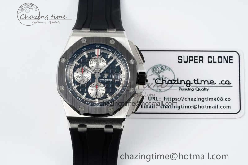 SmoothTexture Royal Oak Offshore 44mm SS Black Ceramic Bezel BVF Best Edition Black Silver Dial on Rubber Strap A 4751