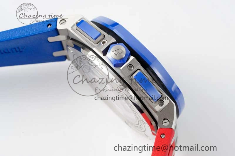 Royal Oak Offshore 44mm SS Blue Ceramic Bezel RSF Best Edition Blue Red Dial on Rubber Strap A SoftTouch 4754