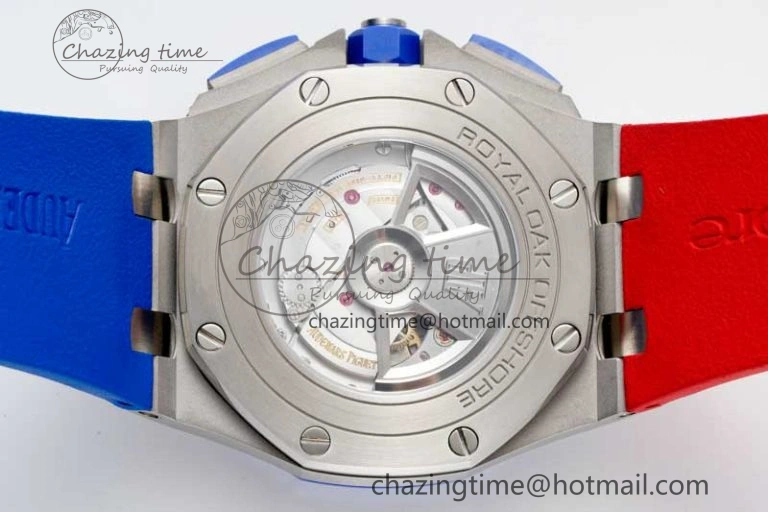 Royal Oak Offshore 44mm SS Blue Ceramic Bezel RSF Best Edition Blue Red Dial on Rubber Strap A SoftTouch 4754