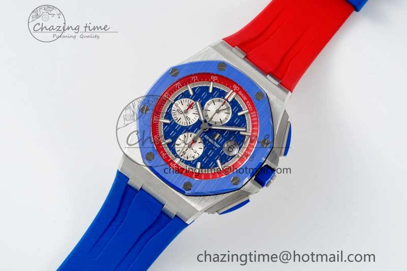 Royal Oak Offshore 44mm SS Blue Ceramic Bezel RSF Best Edition Blue Red Dial on Rubber Strap A SoftTouch 4754