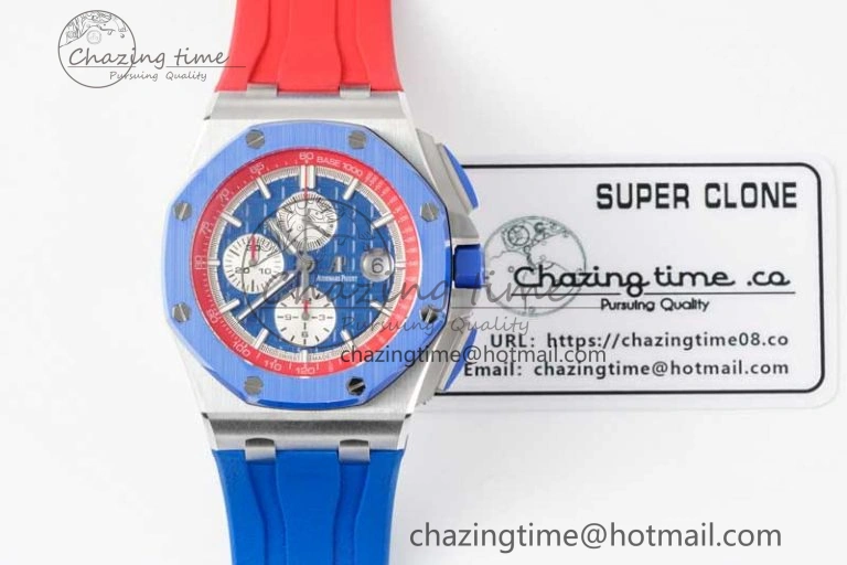 Royal Oak Offshore 44mm SS Blue Ceramic Bezel RSF Best Edition Blue Red Dial on Rubber Strap A SoftTouch 4754
