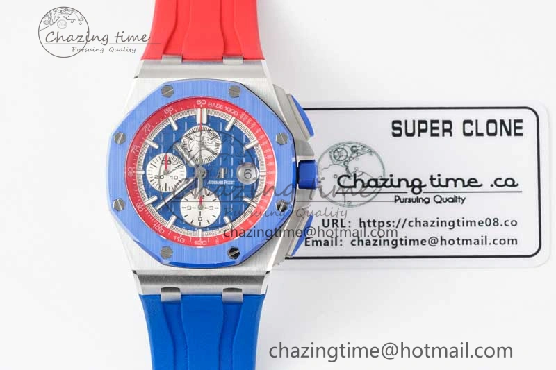 Royal Oak Offshore 44mm SS Blue Ceramic Bezel RSF Best Edition Blue Red Dial on Rubber Strap A SoftTouch 4754