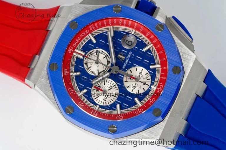 Royal Oak Offshore 44mm SS Blue Ceramic Bezel RSF Best Edition Blue Red Dial on Rubber Strap A SoftTouch 4754