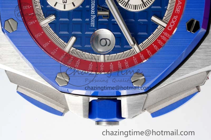 Royal Oak Offshore 44mm SS Blue Ceramic Bezel RSF Best Edition Blue Red Dial on Rubber Strap A SoftTouch 4754