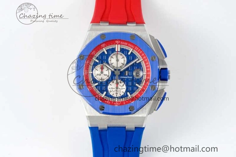 Royal Oak Offshore 44mm SS Blue Ceramic Bezel RSF Best Edition Blue Red Dial on Rubber Strap A SoftTouch 4754