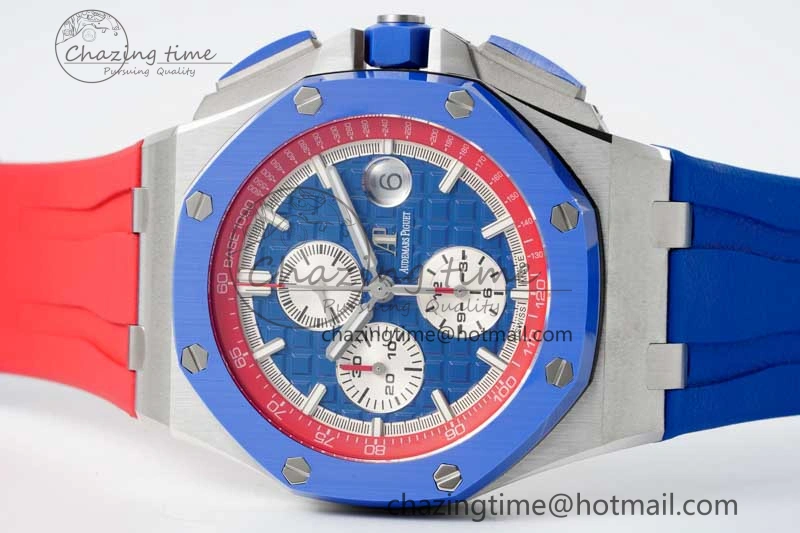 Royal Oak Offshore 44mm SS Blue Ceramic Bezel RSF Best Edition Blue Red Dial on Rubber Strap A SoftTouch 4754
