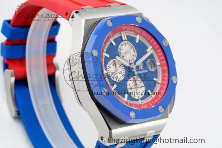 Royal Oak Offshore 44mm SS Blue Ceramic Bezel RSF Best Edition Blue Red Dial on Rubber Strap A SoftTouch 4754