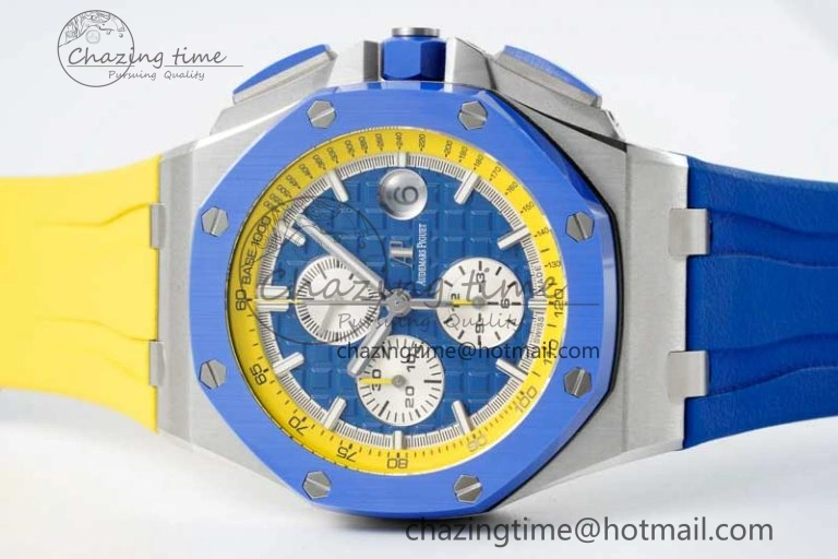 Chic Royal Oak Offshore 44mm SS Blue Ceramic Bezel RSF Best Edition Blue Yellow Dial on Rubber Strap A 4752