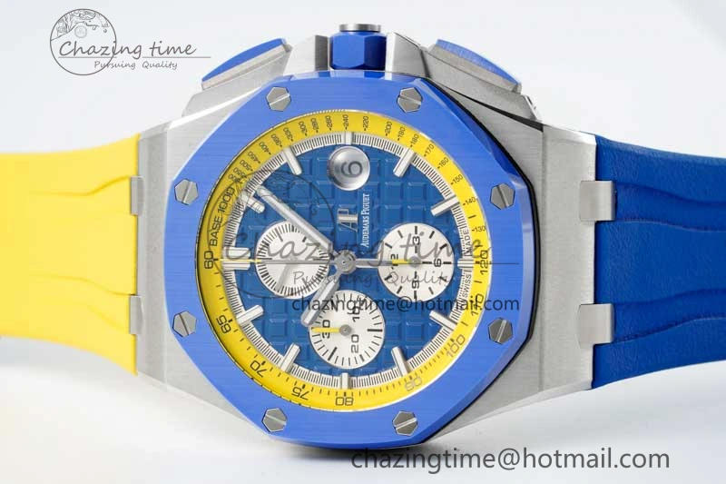 Chic Royal Oak Offshore 44mm SS Blue Ceramic Bezel RSF Best Edition Blue Yellow Dial on Rubber Strap A 4752