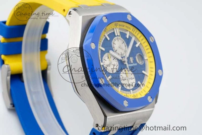 Chic Royal Oak Offshore 44mm SS Blue Ceramic Bezel RSF Best Edition Blue Yellow Dial on Rubber Strap A 4752