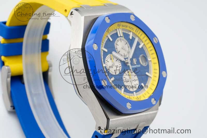 Chic Royal Oak Offshore 44mm SS Blue Ceramic Bezel RSF Best Edition Blue Yellow Dial on Rubber Strap A 4752
