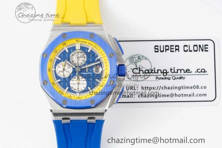 Chic Royal Oak Offshore 44mm SS Blue Ceramic Bezel RSF Best Edition Blue Yellow Dial on Rubber Strap A 4752