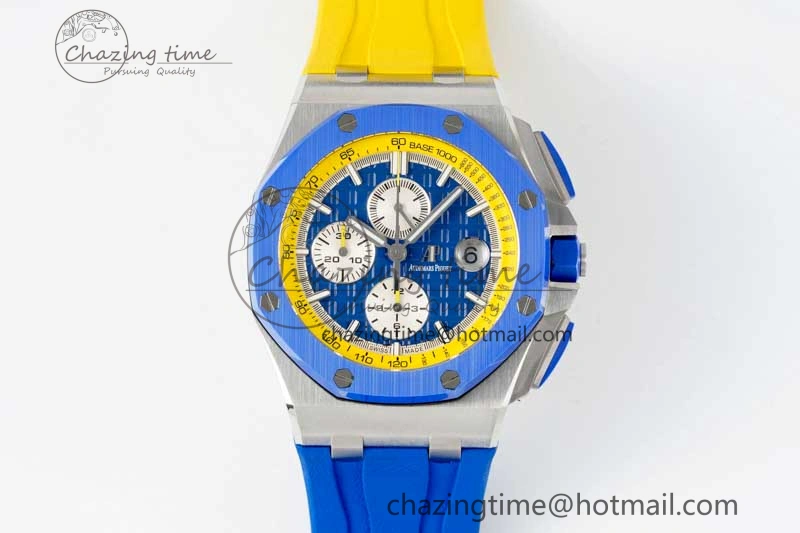 Chic Royal Oak Offshore 44mm SS Blue Ceramic Bezel RSF Best Edition Blue Yellow Dial on Rubber Strap A 4752