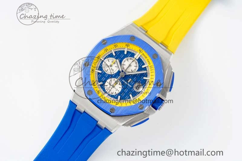 Chic Royal Oak Offshore 44mm SS Blue Ceramic Bezel RSF Best Edition Blue Yellow Dial on Rubber Strap A 4752