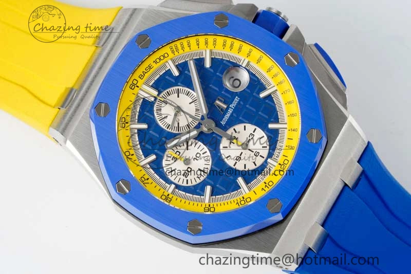 Chic Royal Oak Offshore 44mm SS Blue Ceramic Bezel RSF Best Edition Blue Yellow Dial on Rubber Strap A 4752
