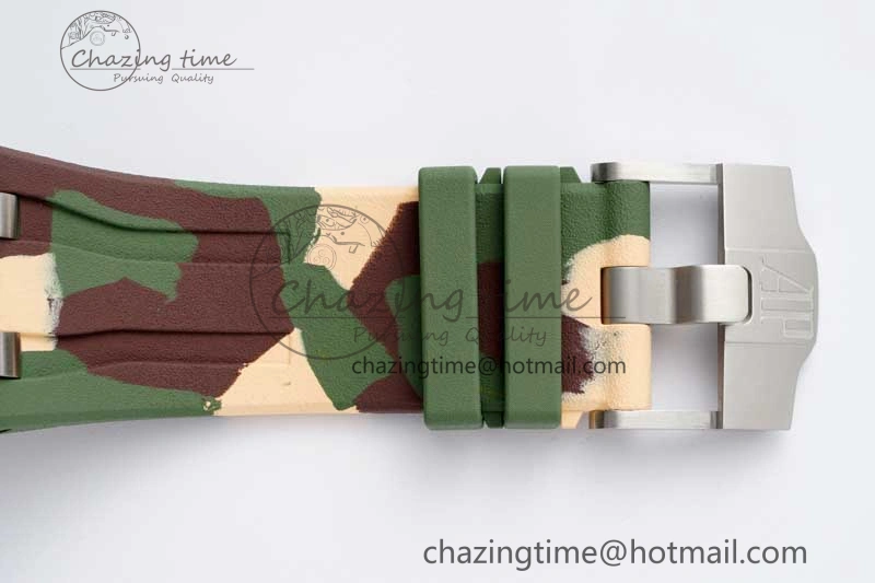 Casual Royal Oak Offshore 44mm SS Green Ceramic Bezel APF 1:1 Best Edition Cream Dial on Camo Rubber Strap A 4679