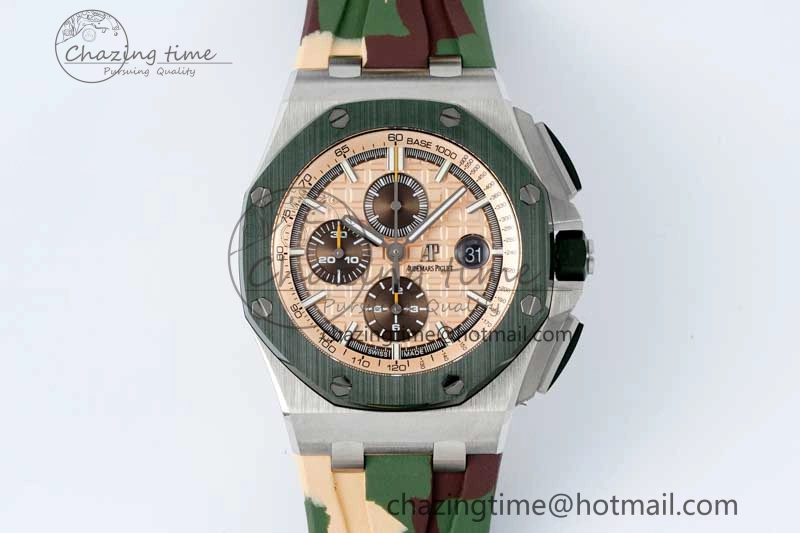Casual Royal Oak Offshore 44mm SS Green Ceramic Bezel APF 1:1 Best Edition Cream Dial on Camo Rubber Strap A 4679