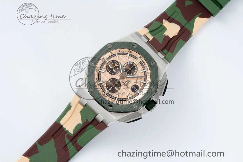 Casual Royal Oak Offshore 44mm SS Green Ceramic Bezel APF 1:1 Best Edition Cream Dial on Camo Rubber Strap A 4679