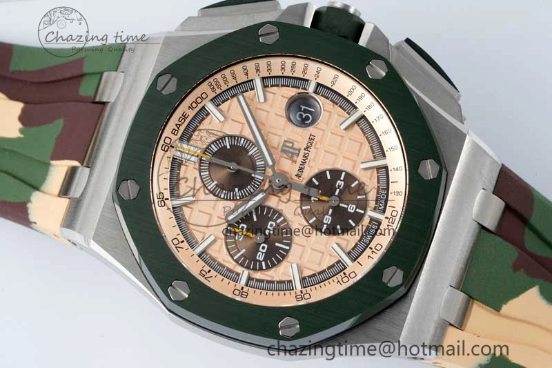 Casual Royal Oak Offshore 44mm SS Green Ceramic Bezel APF 1:1 Best Edition Cream Dial on Camo Rubber Strap A 4679