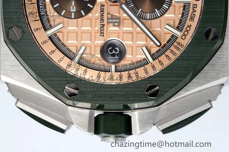 Casual Royal Oak Offshore 44mm SS Green Ceramic Bezel APF 1:1 Best Edition Cream Dial on Camo Rubber Strap A 4679