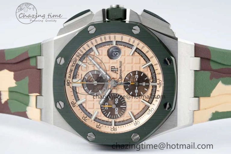 Casual Royal Oak Offshore 44mm SS Green Ceramic Bezel APF 1:1 Best Edition Cream Dial on Camo Rubber Strap A 4679