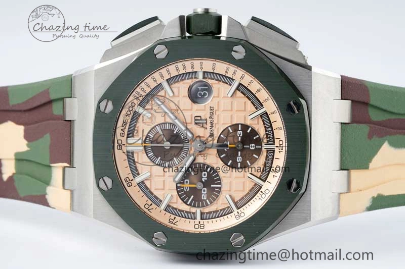 Casual Royal Oak Offshore 44mm SS Green Ceramic Bezel APF 1:1 Best Edition Cream Dial on Camo Rubber Strap A 4679