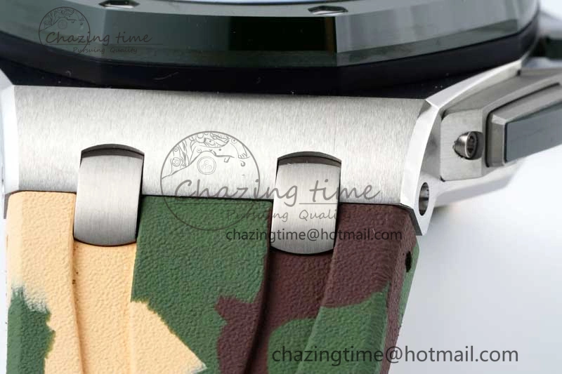 Casual Royal Oak Offshore 44mm SS Green Ceramic Bezel APF 1:1 Best Edition Cream Dial on Camo Rubber Strap A 4679