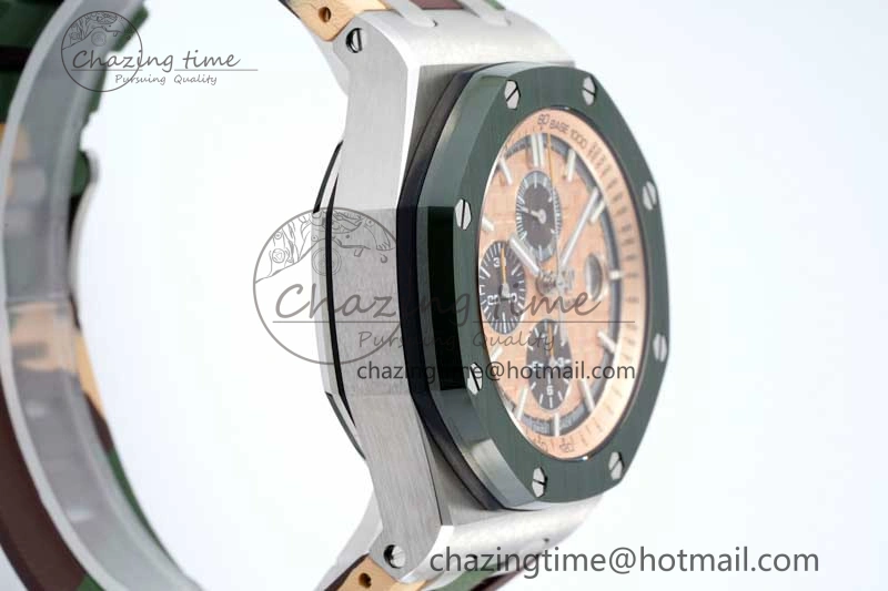 Casual Royal Oak Offshore 44mm SS Green Ceramic Bezel APF 1:1 Best Edition Cream Dial on Camo Rubber Strap A 4679
