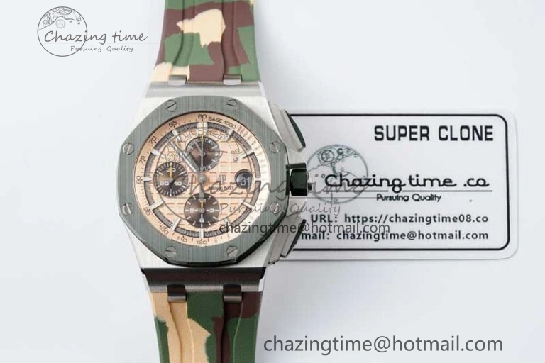 Casual Royal Oak Offshore 44mm SS Green Ceramic Bezel APF 1:1 Best Edition Cream Dial on Camo Rubber Strap A 4679