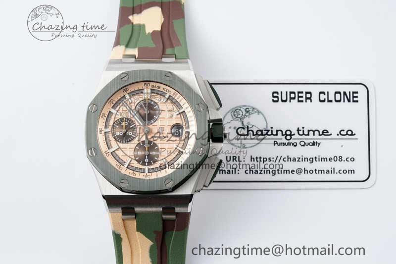 Casual Royal Oak Offshore 44mm SS Green Ceramic Bezel APF 1:1 Best Edition Cream Dial on Camo Rubber Strap A 4679
