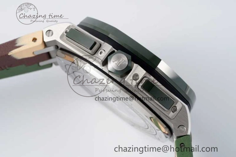 Casual Royal Oak Offshore 44mm SS Green Ceramic Bezel APF 1:1 Best Edition Cream Dial on Camo Rubber Strap A 4679