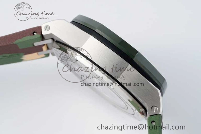 Casual Royal Oak Offshore 44mm SS Green Ceramic Bezel APF 1:1 Best Edition Cream Dial on Camo Rubber Strap A 4679