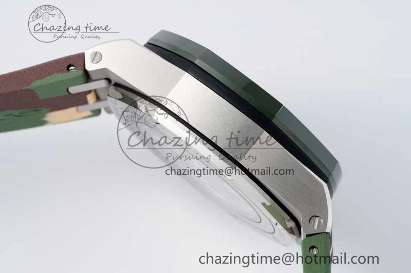 Casual Royal Oak Offshore 44mm SS Green Ceramic Bezel APF 1:1 Best Edition Cream Dial on Camo Rubber Strap A 4679