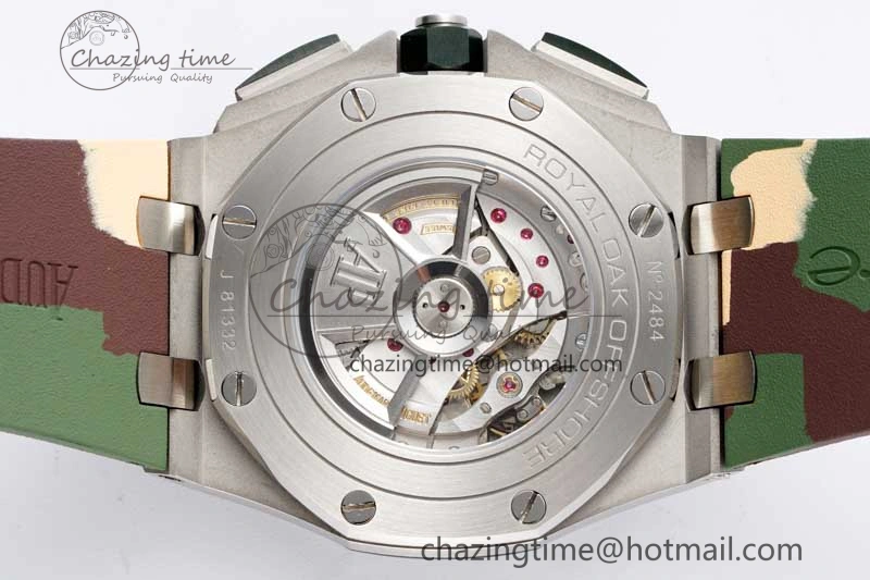 Casual Royal Oak Offshore 44mm SS Green Ceramic Bezel APF 1:1 Best Edition Cream Dial on Camo Rubber Strap A 4679