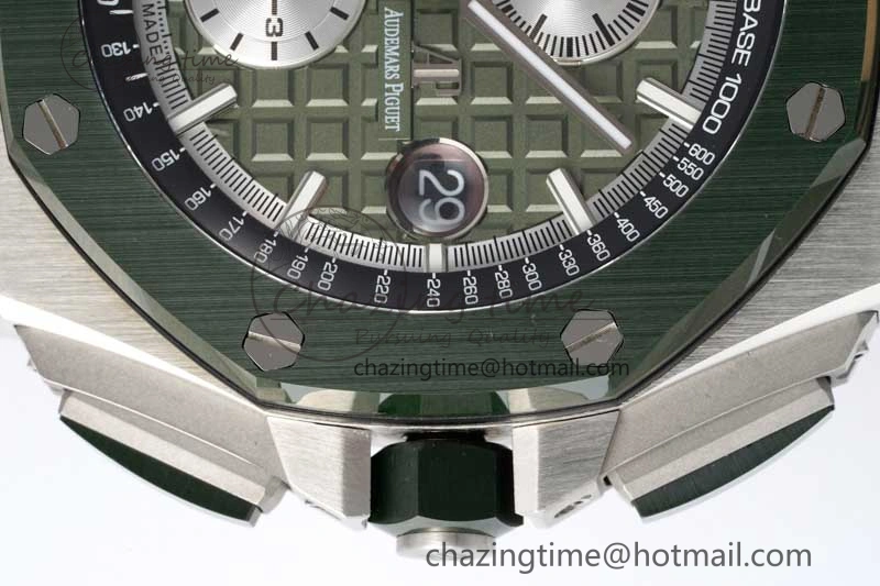 Royal Oak Offshore 44mm SS Green Ceramic Bezel APF 1:1 Best Edition Green Silver Dial on Camo Rubber Strap A Contemporary 4718